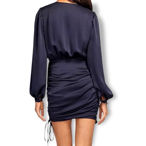 Ramy Brook NWT Foxy Blue Satin Ruched V-Neck Mini Dress Long Sleeve Size 2 - Picture 2 of 13